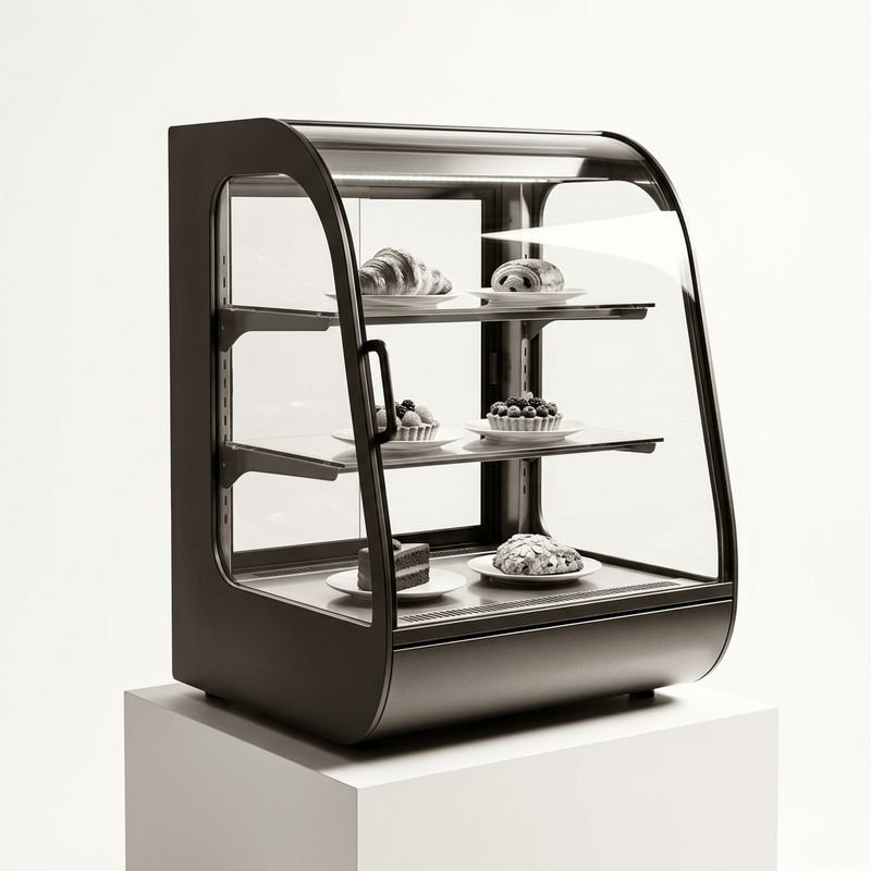 Glass-front refrigerated display counter for cakes and pastries